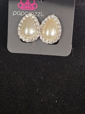 Paparazzi Cream Pearl Teardrop Earrings with Silver Crystal Halo